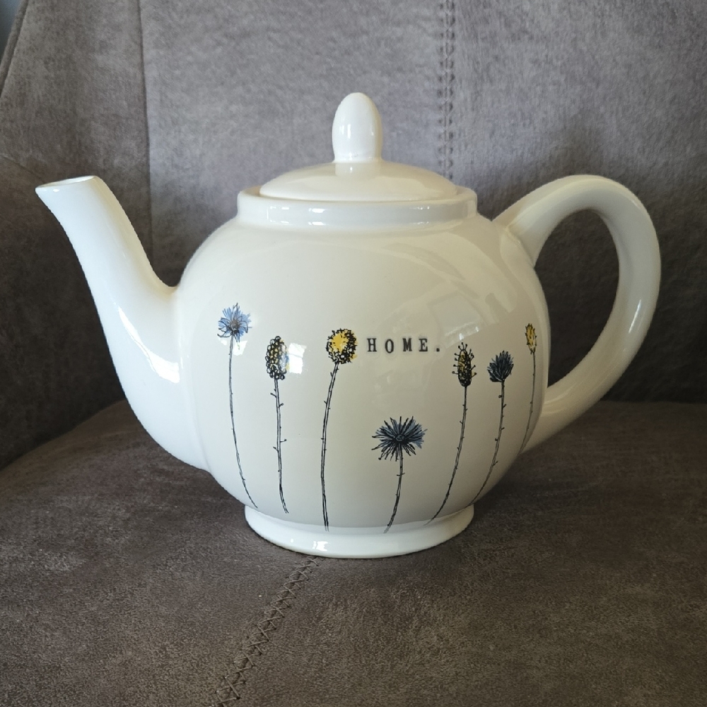 Rae Dunn White Teapot with Blue and Yellow Floral Design